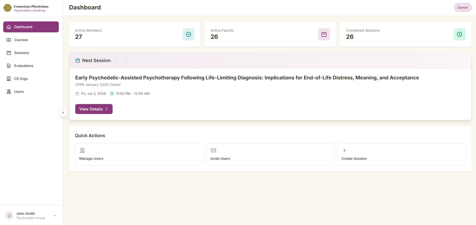 Conscious Physicians Psychedelics Academy application interface